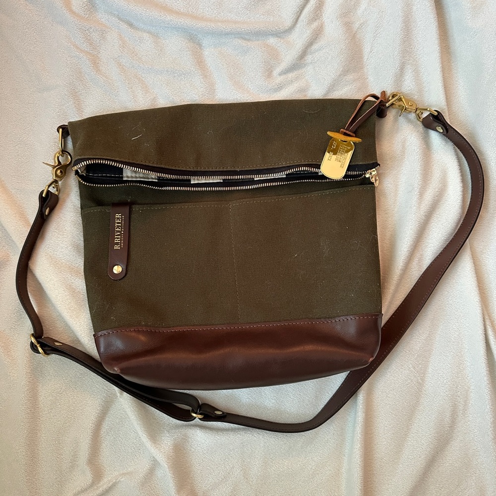 Olive green canvas and brown leather purse